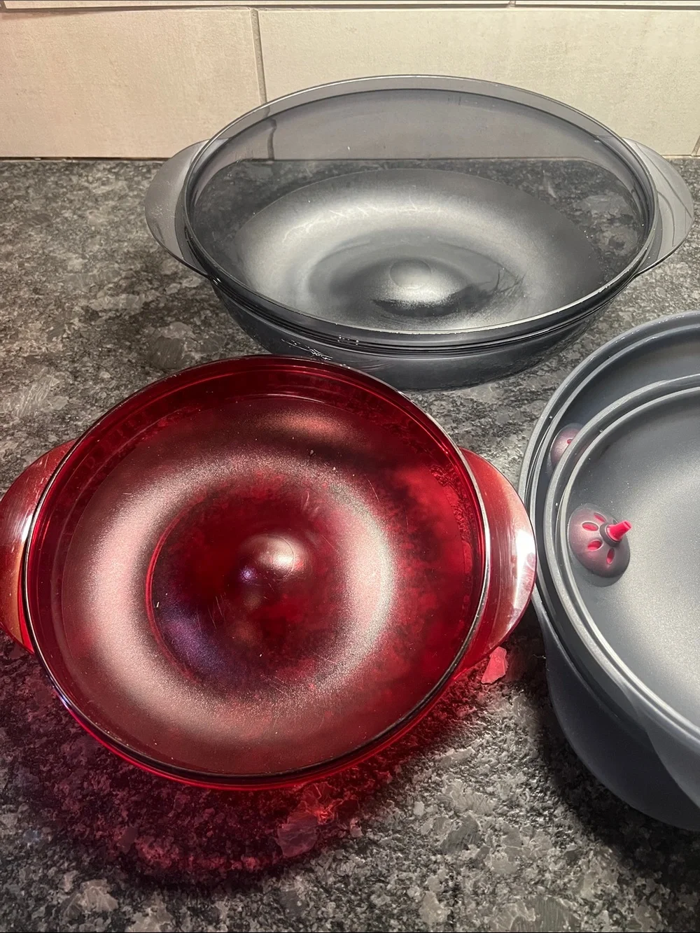 TUPPERWARE Heat N Serve Gray and Red Pink Microwave Cookware Set -